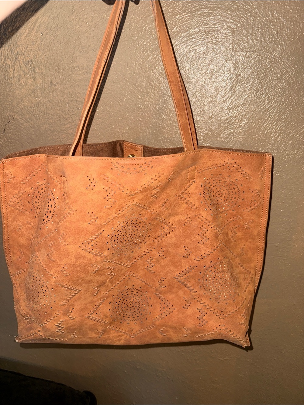 Suede Laser-Cut Tote Bag in Tan